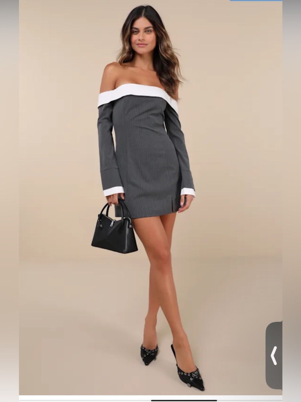 NWT Lulus Distinct Composure Grey Pinstriped Off-the-Shoulder Mini Dress